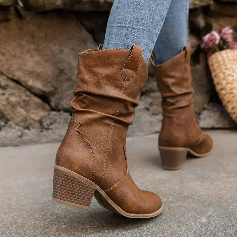Women's Mid-Calf Boots - Slouchy Shaft Design and Western Block Heel Detail