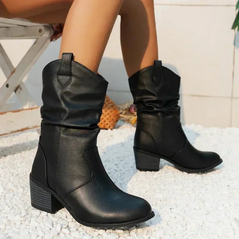 Women's Mid-Calf Boots - Slouchy Shaft Design and Western Block Heel Detail