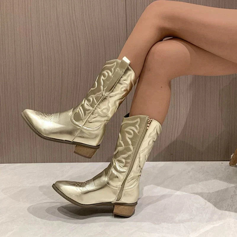 Women's Mid-Calf Boots - Tonal Western Embroidery and Low Block Heel Detail