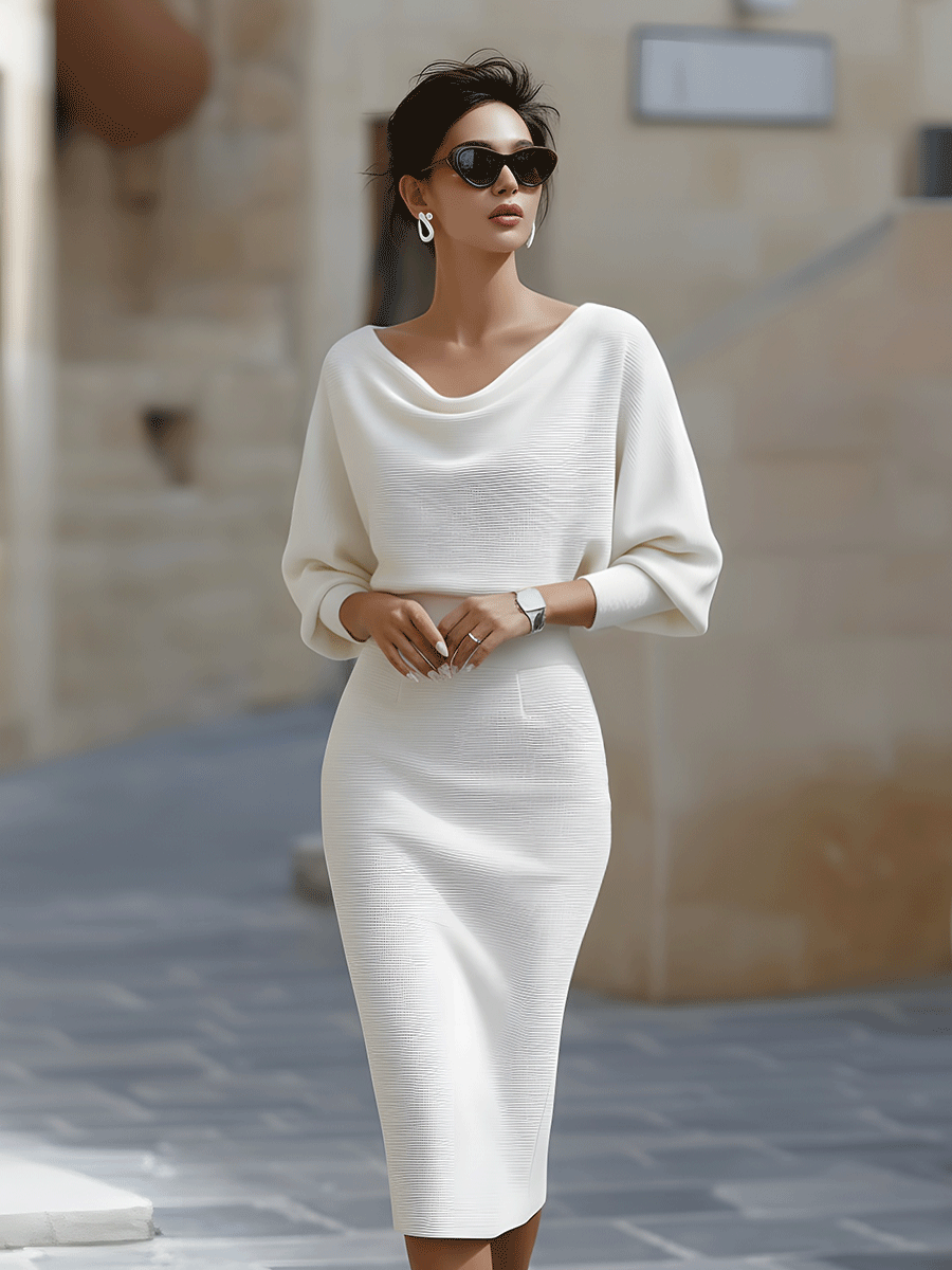 Women's Midi Bodycon Dress Batwing Sleeve Boat Neck Knitted