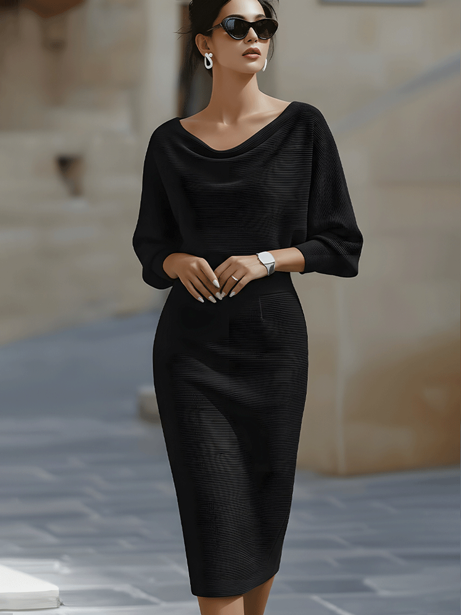 Women's Midi Bodycon Dress Batwing Sleeve Boat Neck Knitted