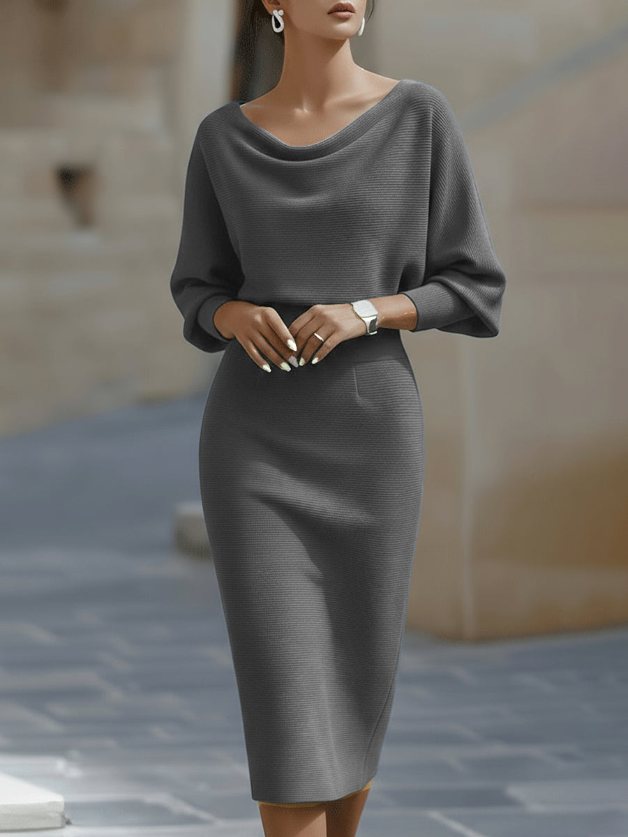 Women's Midi Bodycon Dress Batwing Sleeve Boat Neck Knitted