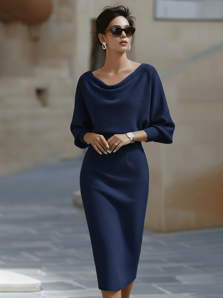 Women's Midi Bodycon Dress Batwing Sleeve Boat Neck Knitted