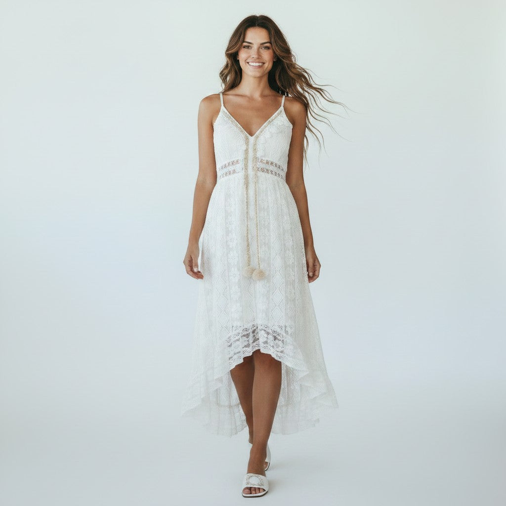 Women's Midi Boho Dress White Lace V Neck High Low