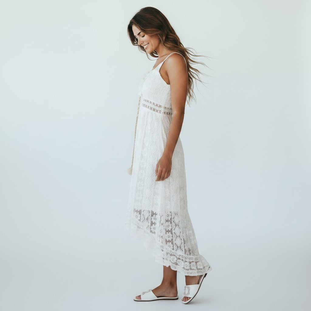 Women's Midi Boho Dress White Lace V Neck High Low