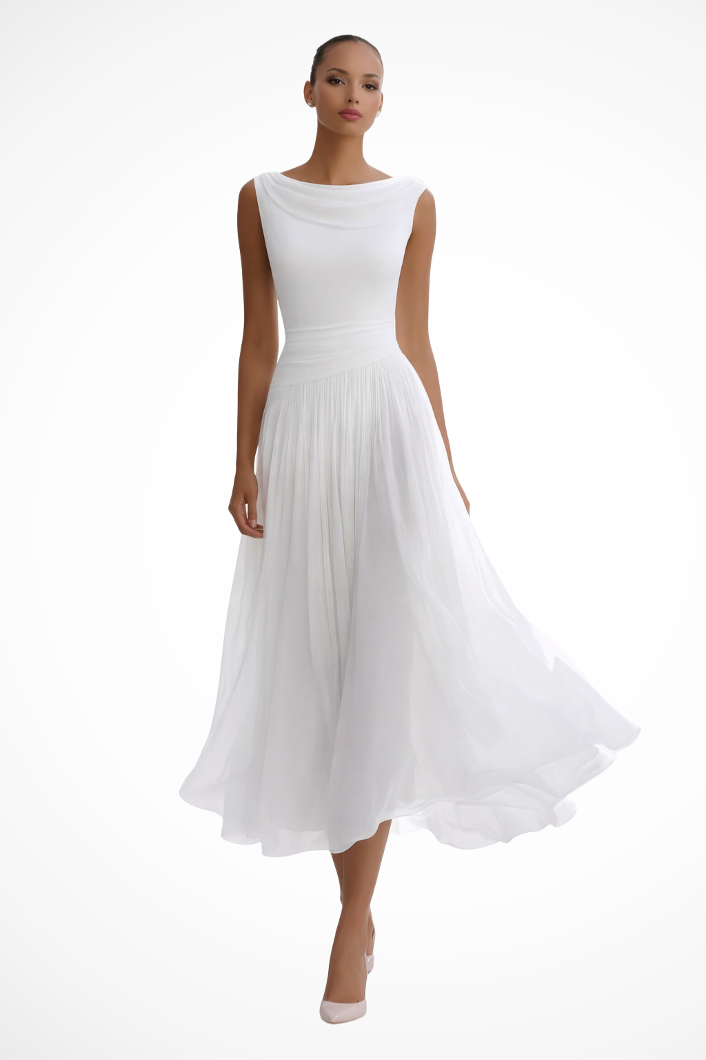 Women's Midi Dress - Boat Neck and Pleated A-Line Skirt