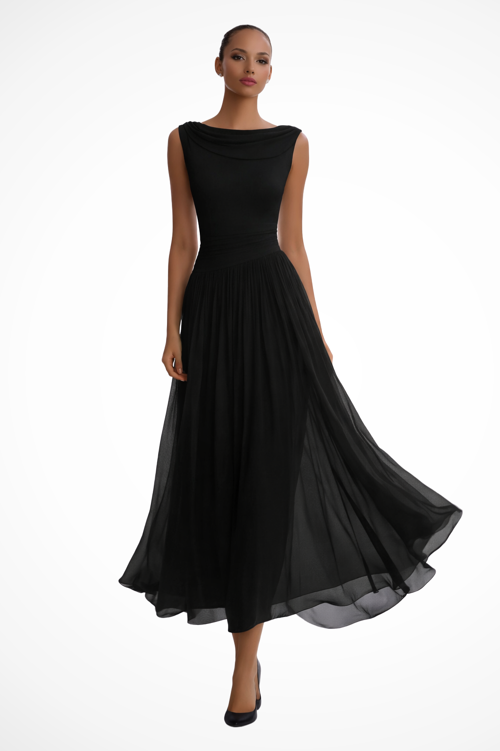Women's Midi Dress - Boat Neck and Pleated A-Line Skirt