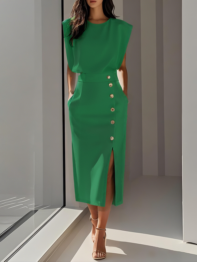 Women's Midi Dress Column Dress with Asymmetrical Side Button Mock Wrap Skirt