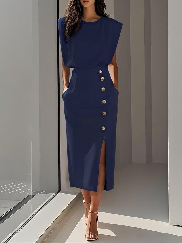 Women's Midi Dress Column Dress with Asymmetrical Side Button Mock Wrap Skirt