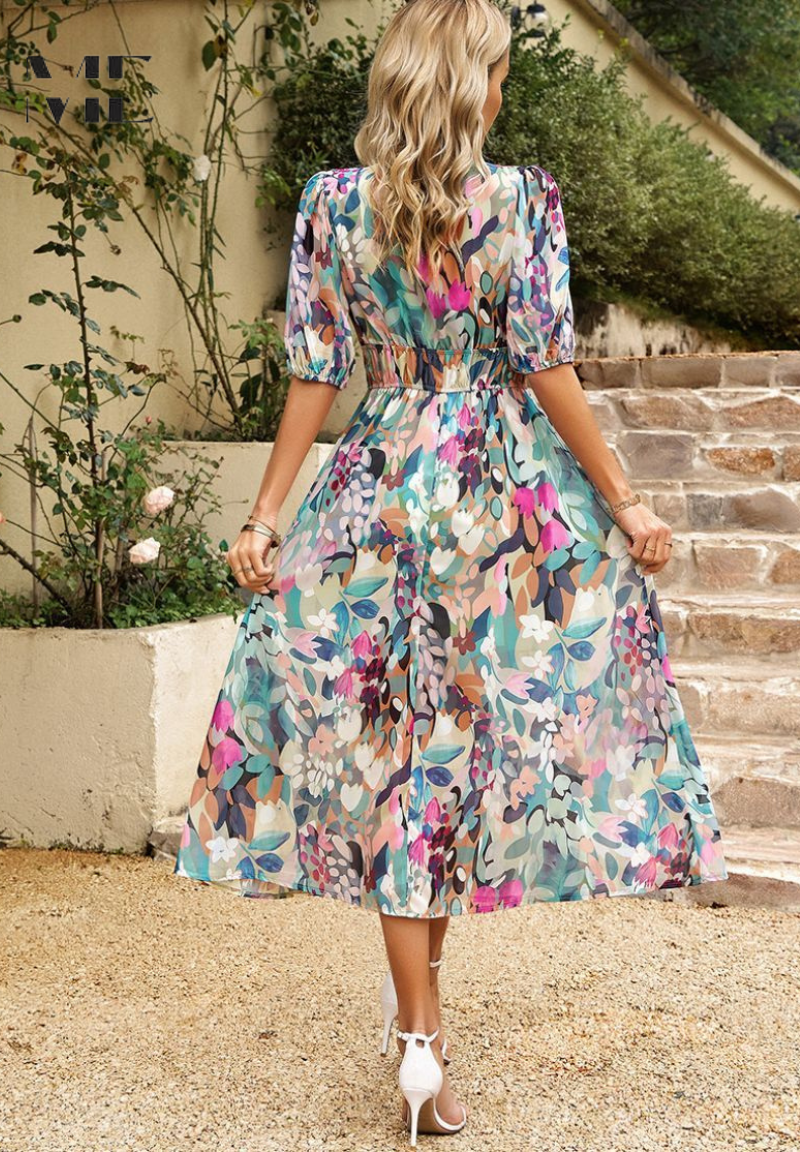 Women's Midi Dress Flutter Sleeve Deep V Neck Printed Summer Dress