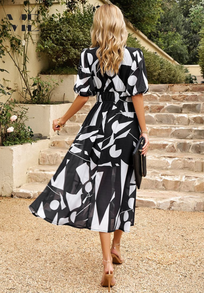 Women's Midi Dress Flutter Sleeve Deep V Neck Printed Summer Dress