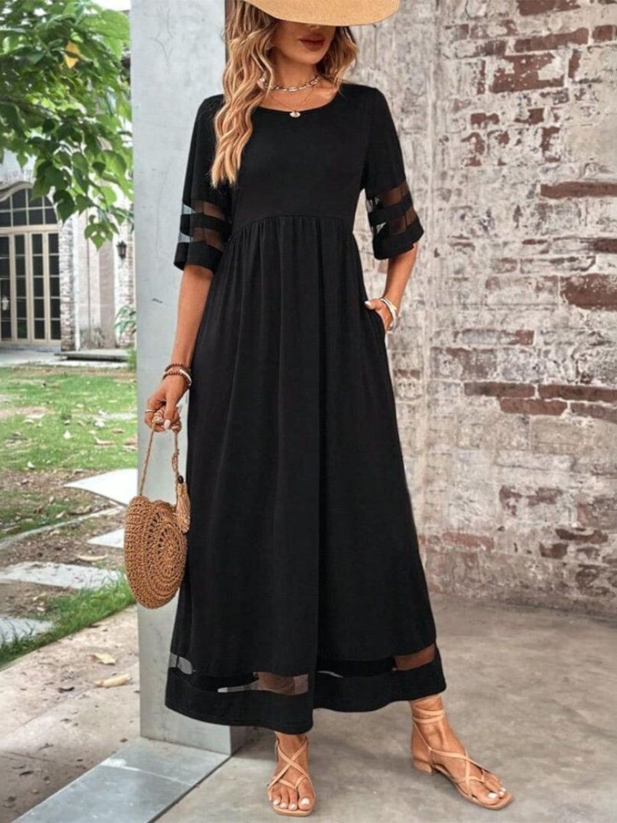 Women's Midi Dress Mesh Panel and Half Sleeves