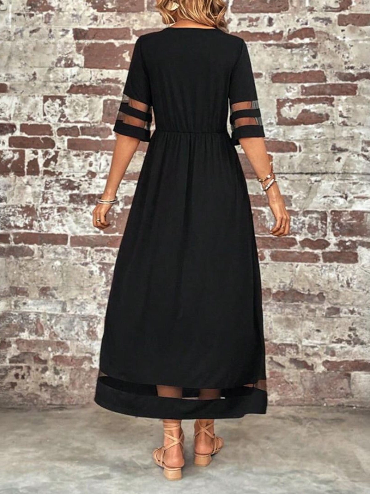Women's Midi Dress Mesh Panel and Half Sleeves
