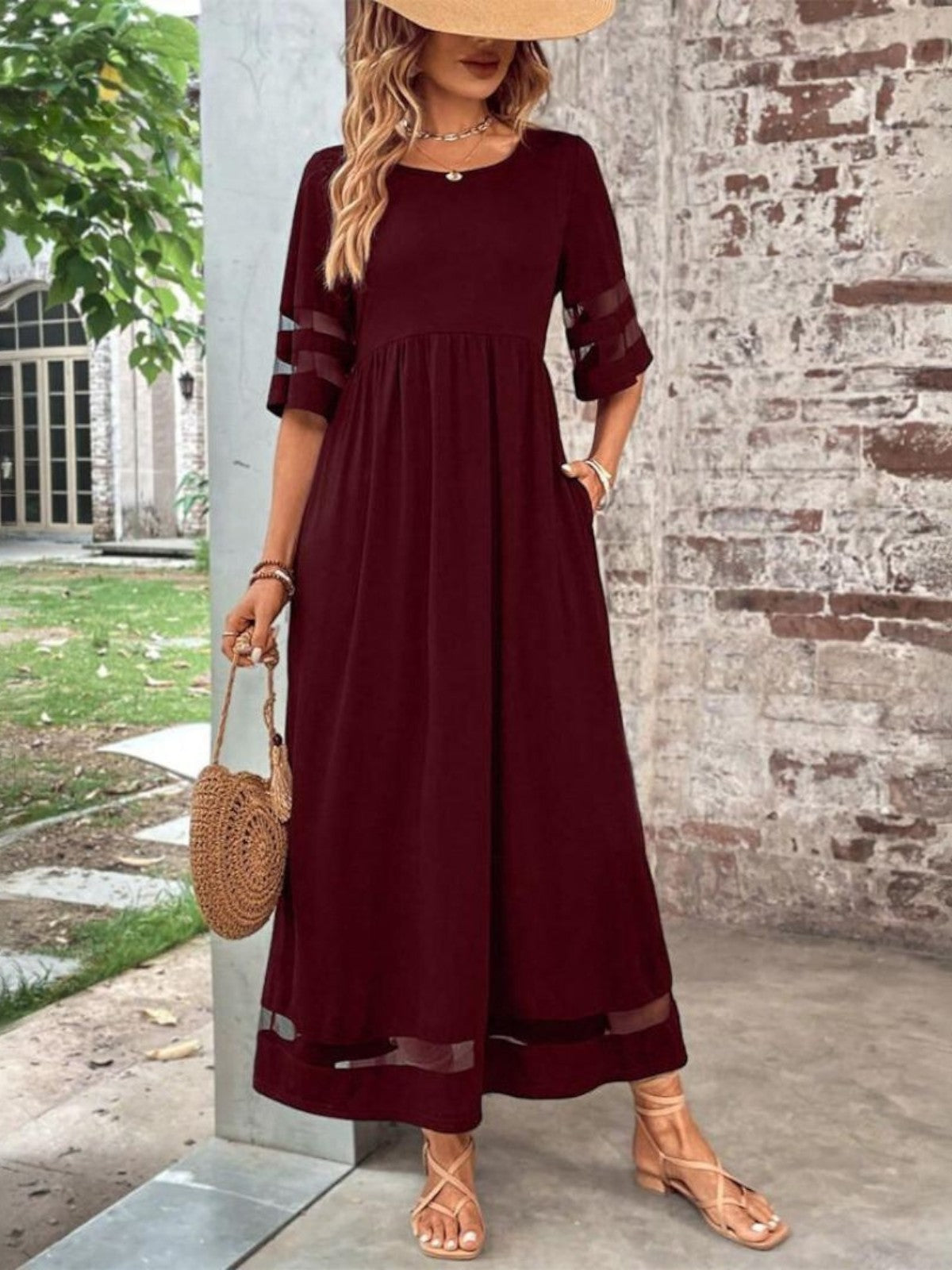 Women's Midi Dress Mesh Panel and Half Sleeves
