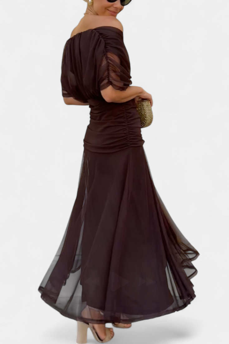 Women's Off-The-Shoulder Ruched Midi Dress - Pleated Skirt and Mesh Detail