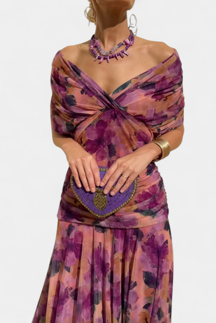 Women's Off-The-Shoulder Ruched Midi Dress - Pleated Skirt and Mesh Detail
