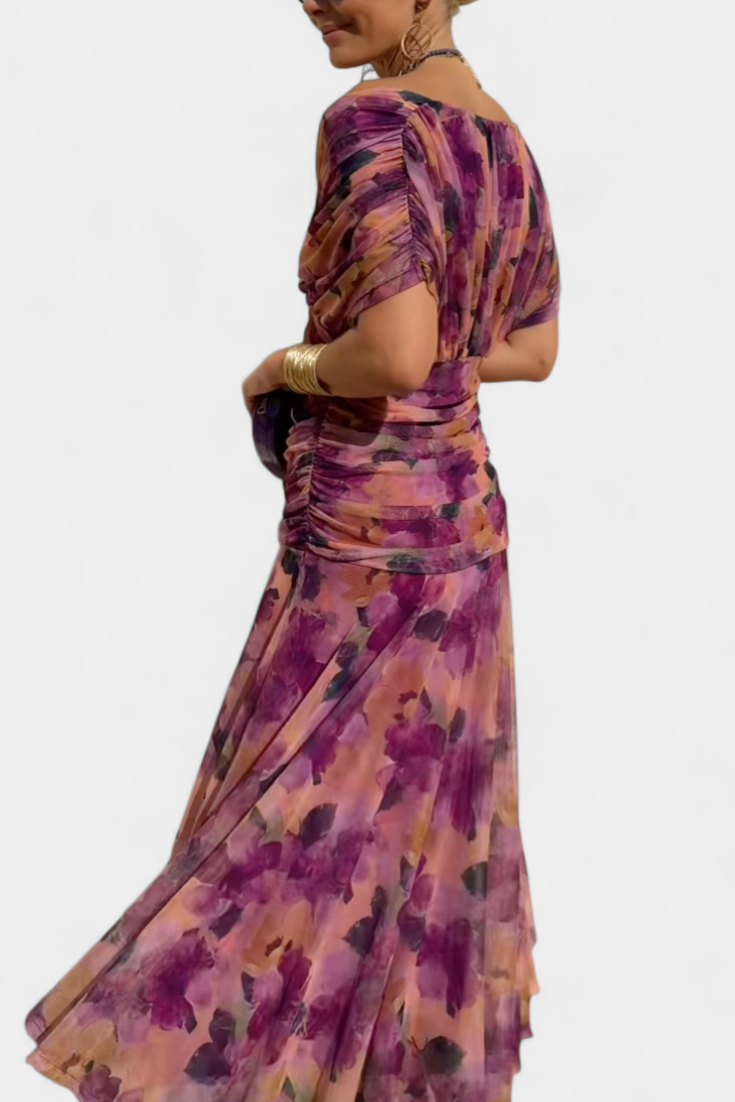 Women's Off-The-Shoulder Ruched Midi Dress - Pleated Skirt and Mesh Detail