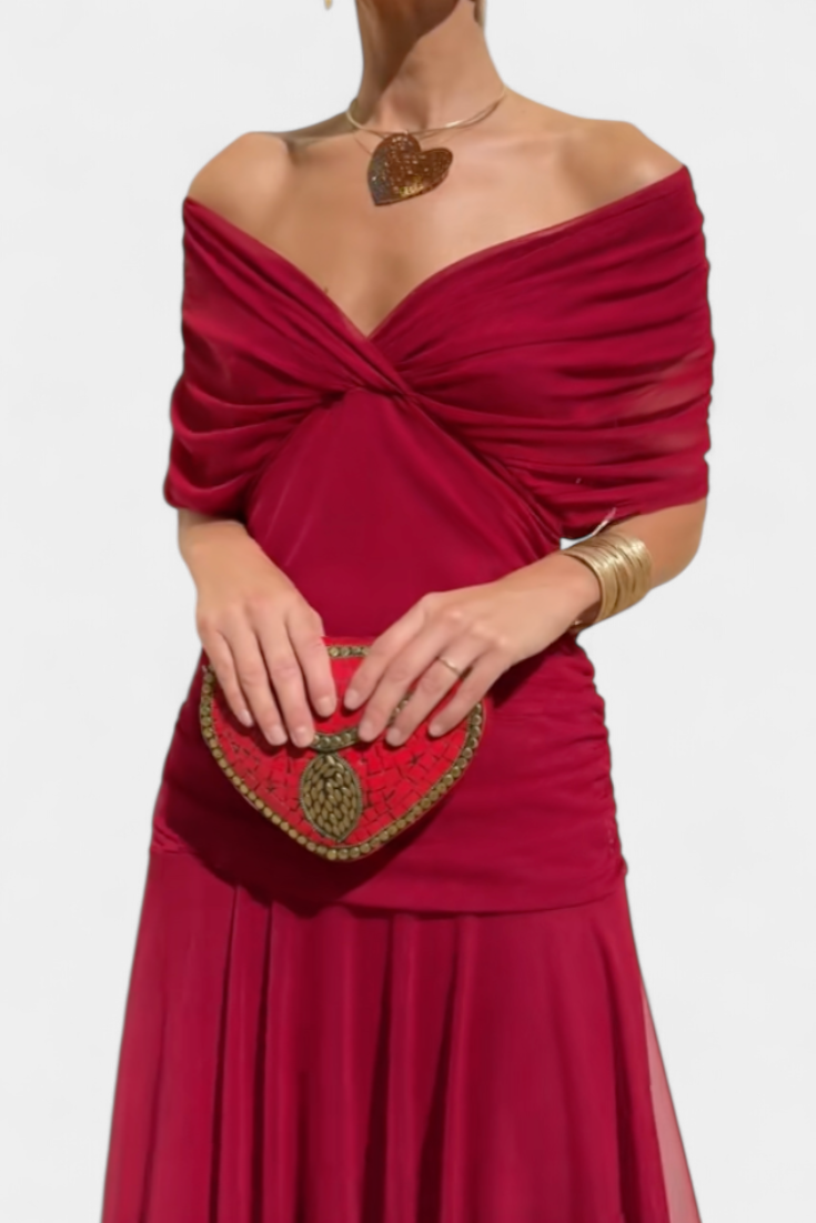 Women's Off-The-Shoulder Ruched Midi Dress - Pleated Skirt and Mesh Detail