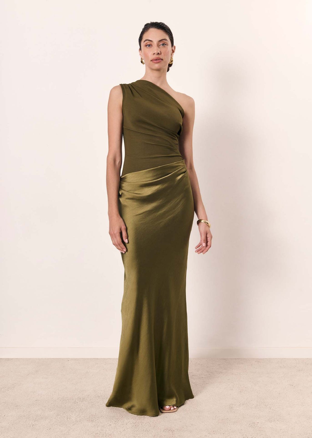 Women's One Shoulder Maxi Dress Ruched Wedding Guest Gown