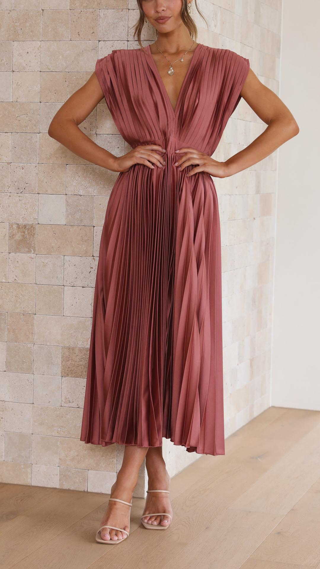 Women's Pleated Midi Dress Plunging V Neck Cap Sleeve Accordion Fold Gown