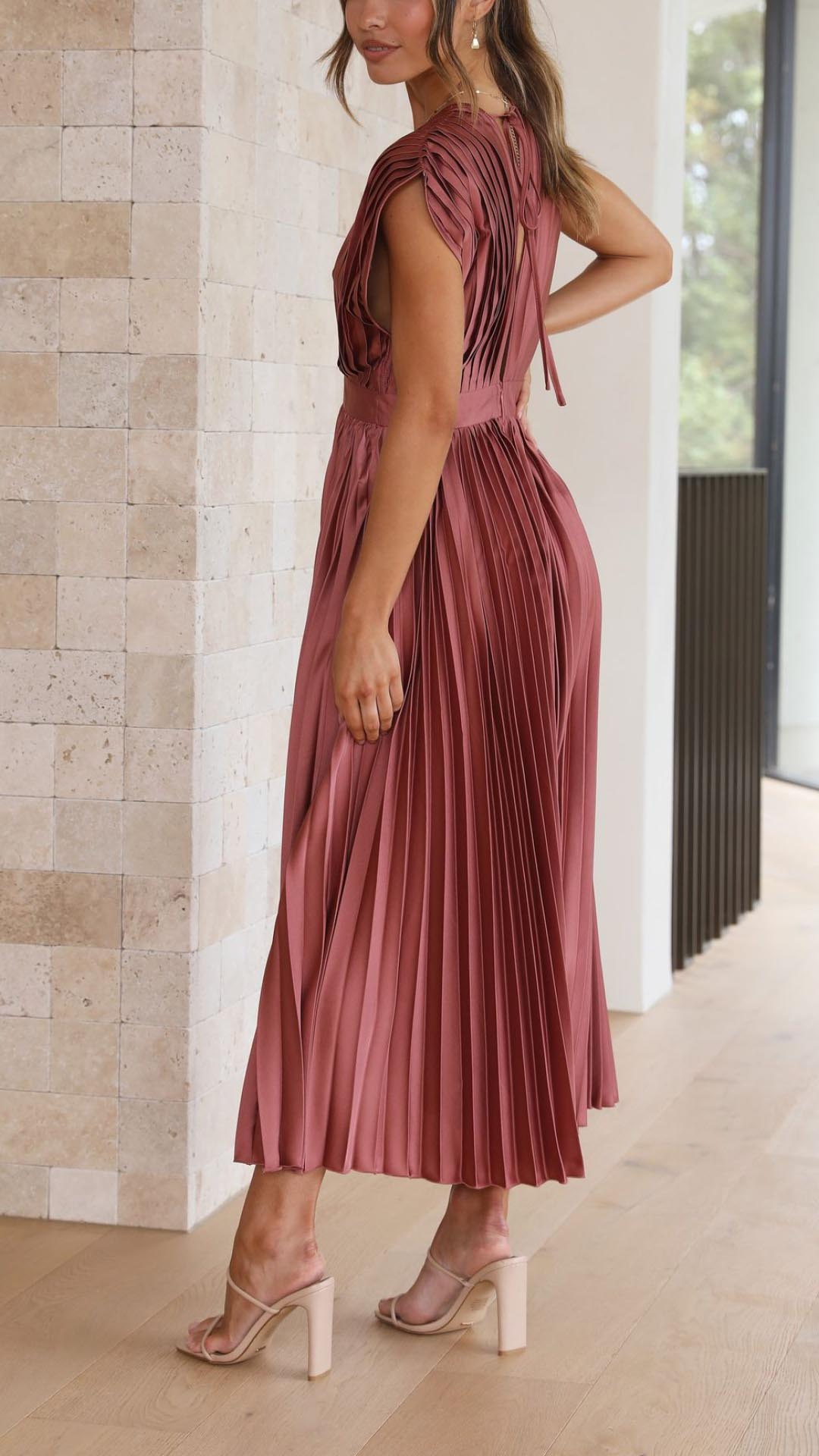 Women's Pleated Midi Dress Plunging V Neck Cap Sleeve Accordion Fold Gown