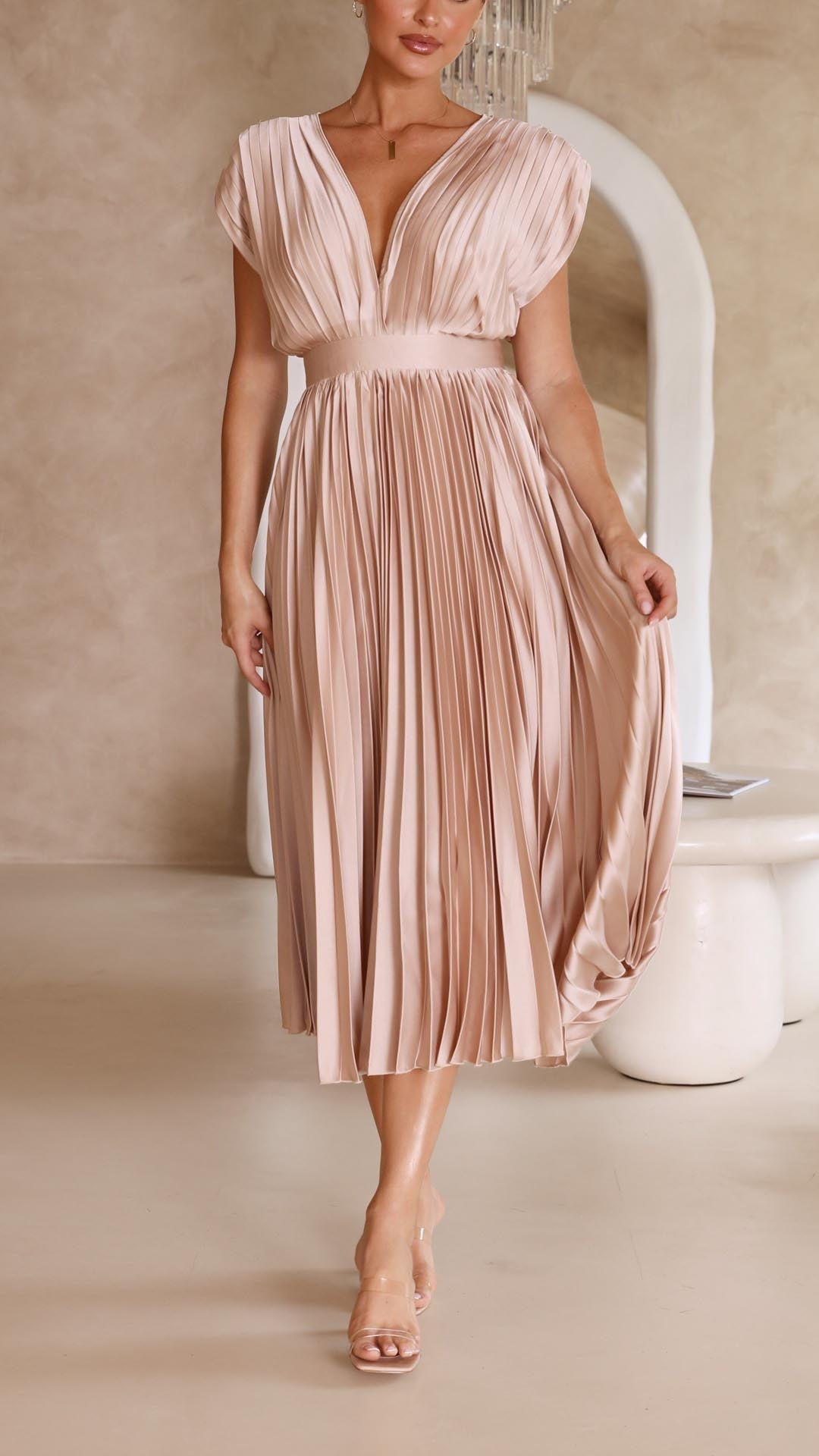 Women's Pleated Midi Dress Plunging V Neck Cap Sleeve Accordion Fold Gown