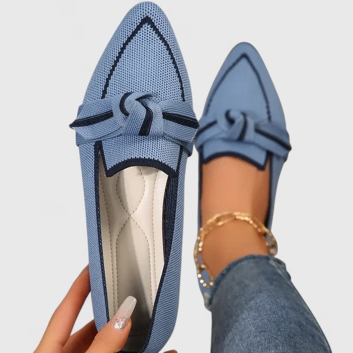 Women's Pointed-Toe Knit Loafers - Striped Knot Detail and Cushioned Sole