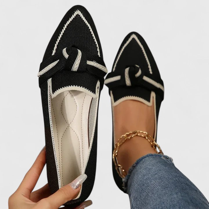 Women's Pointed-Toe Knit Loafers - Striped Knot Detail and Cushioned Sole