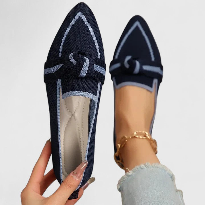 Women's Pointed-Toe Knit Loafers - Striped Knot Detail and Cushioned Sole