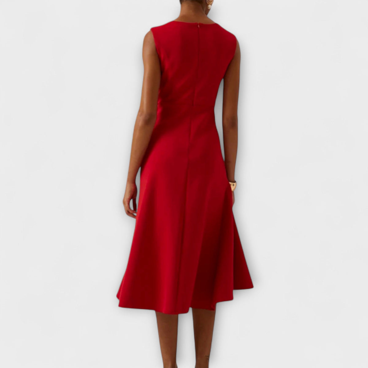 Women's Ruffle-Front Flute Hem Midi Dress - Pleated and Tailored Detail
