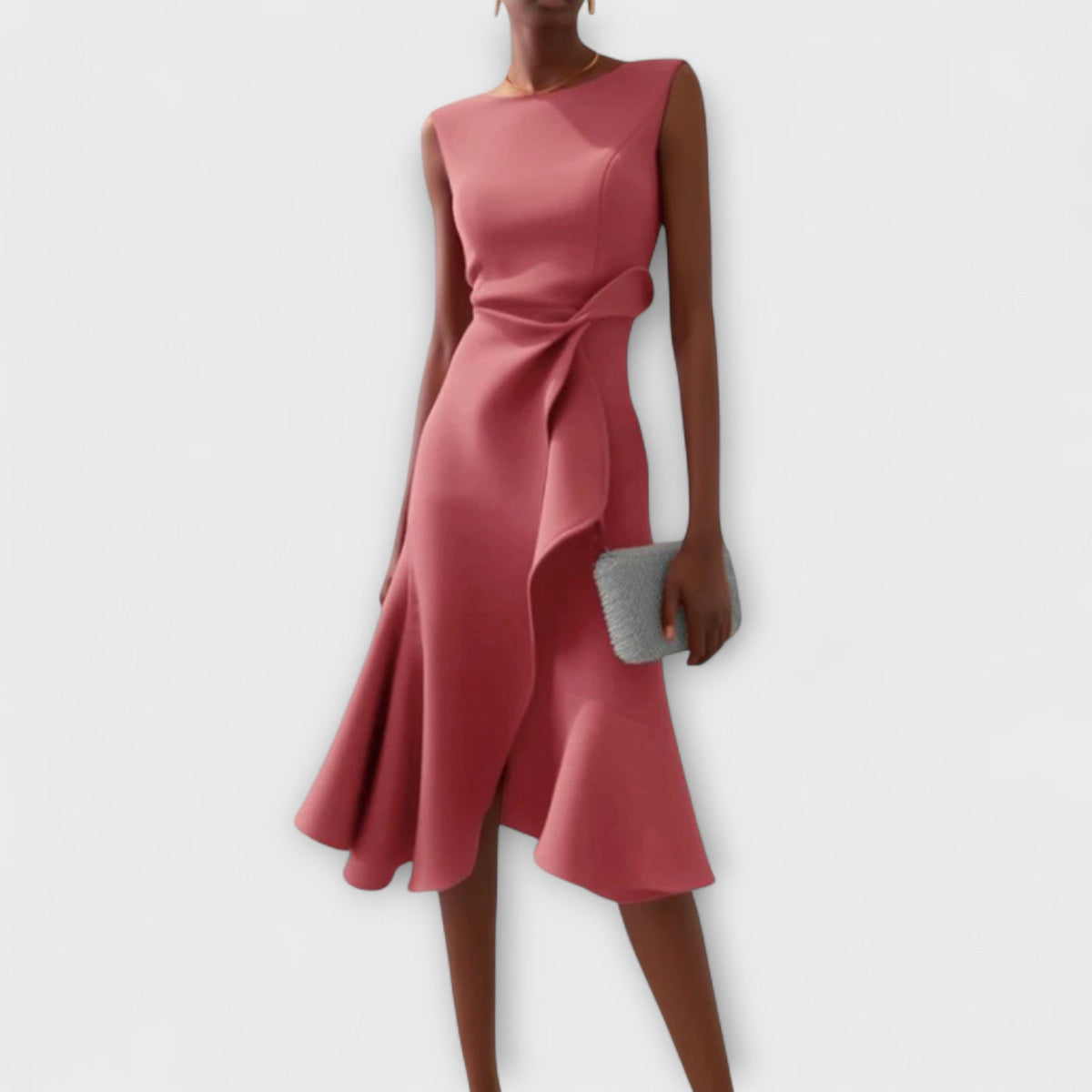 Women's Ruffle-Front Flute Hem Midi Dress - Pleated and Tailored Detail