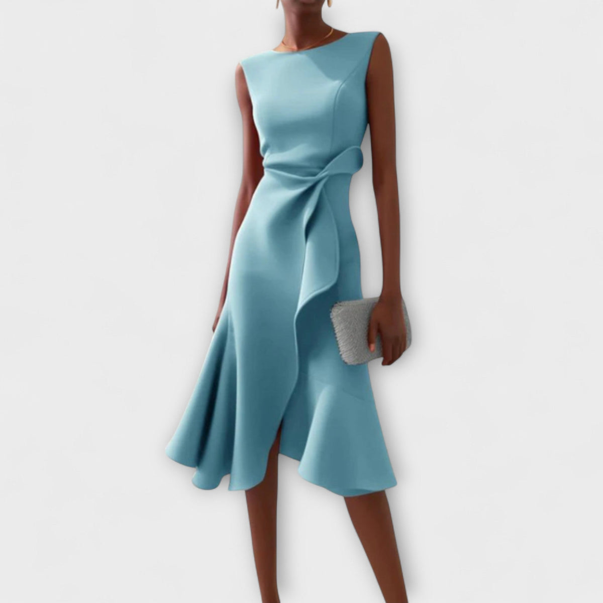 Women's Ruffle-Front Flute Hem Midi Dress - Pleated and Tailored Detail