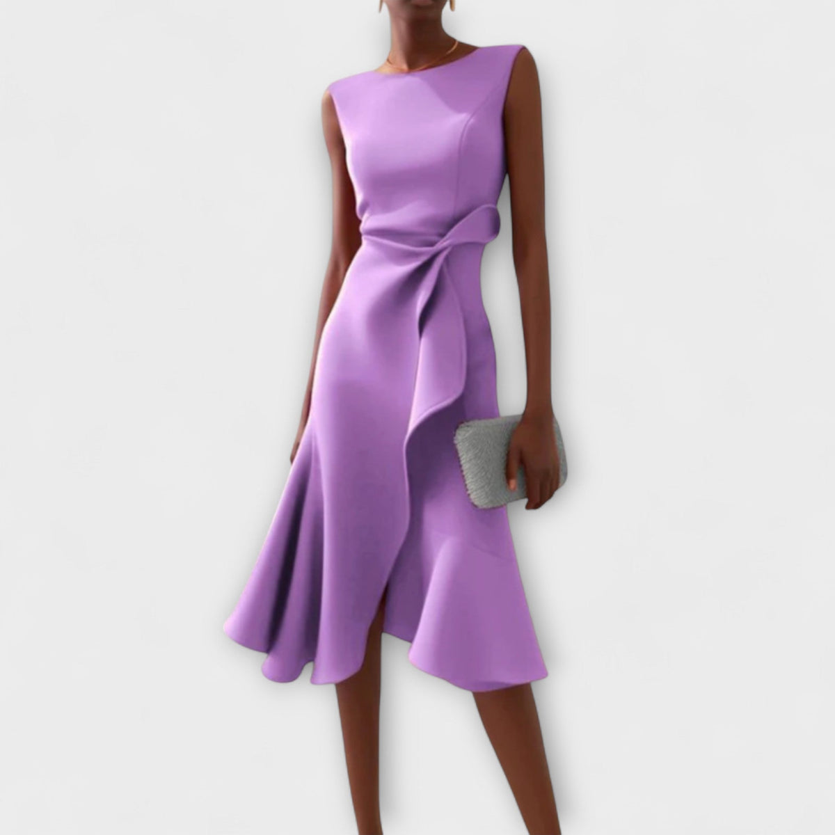 Women's Ruffle-Front Flute Hem Midi Dress - Pleated and Tailored Detail