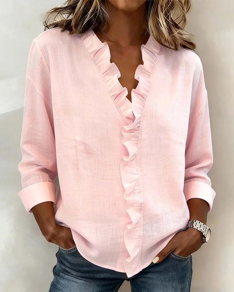 Women's Ruffle Blouse V Neck Long Sleeve Top