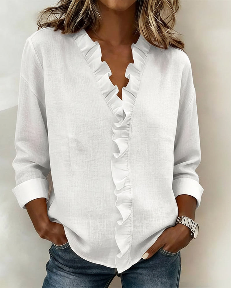 Women's Ruffle Blouse V Neck Long Sleeve Top