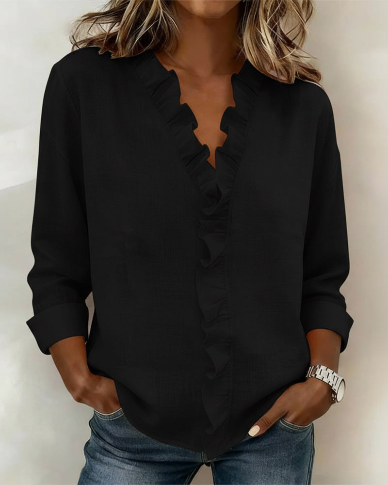 Women's Ruffle Blouse V Neck Long Sleeve Top