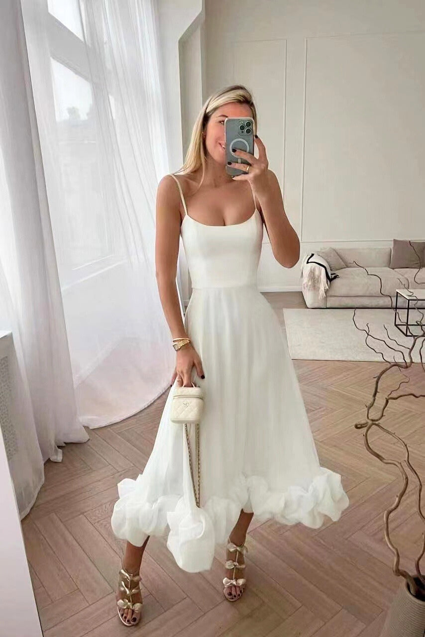 Women's Ruffle Hem Midi Dress Wedding Party Strappy