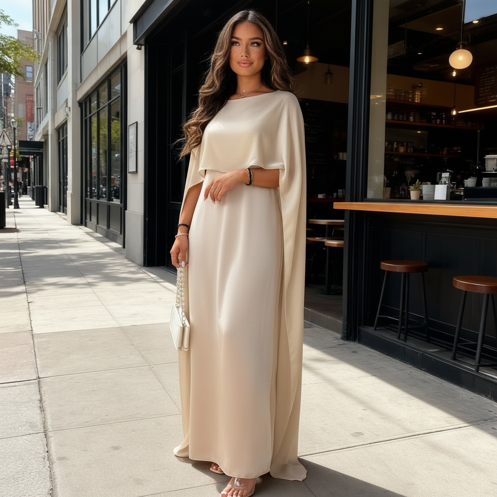 Women's Satin Cape Maxi Dress - Boat Neck and Flowing Overlay