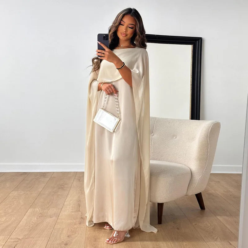 Women's Satin Cape Maxi Dress - Boat Neck and Flowing Overlay