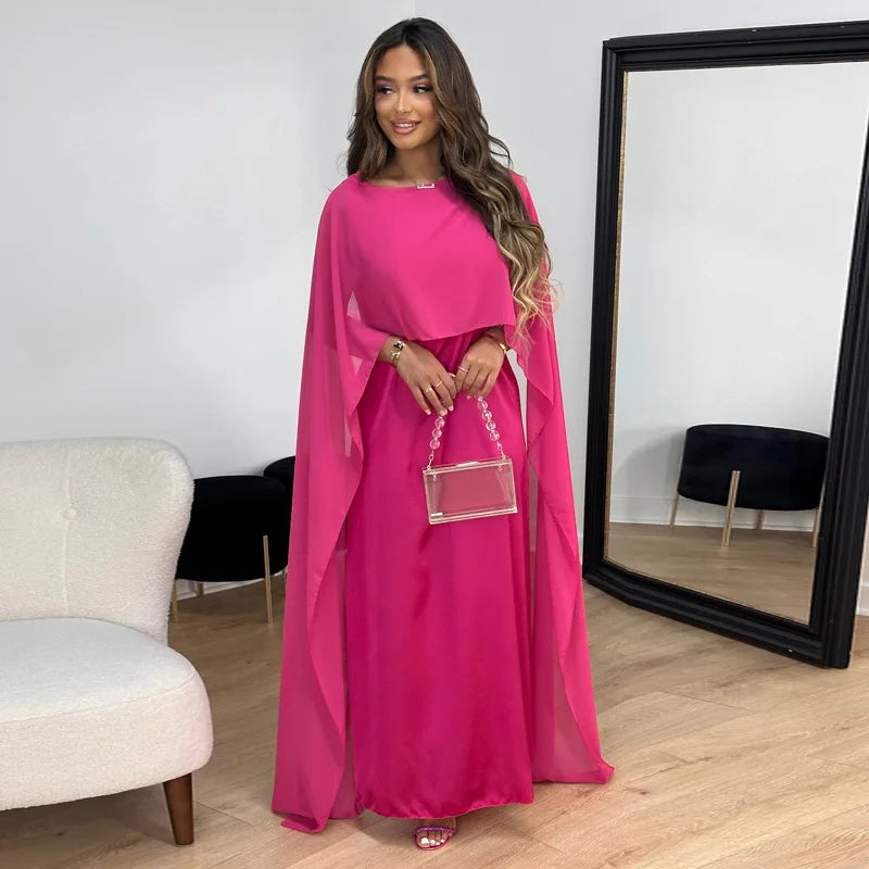 Women's Satin Cape Maxi Dress - Boat Neck and Flowing Overlay