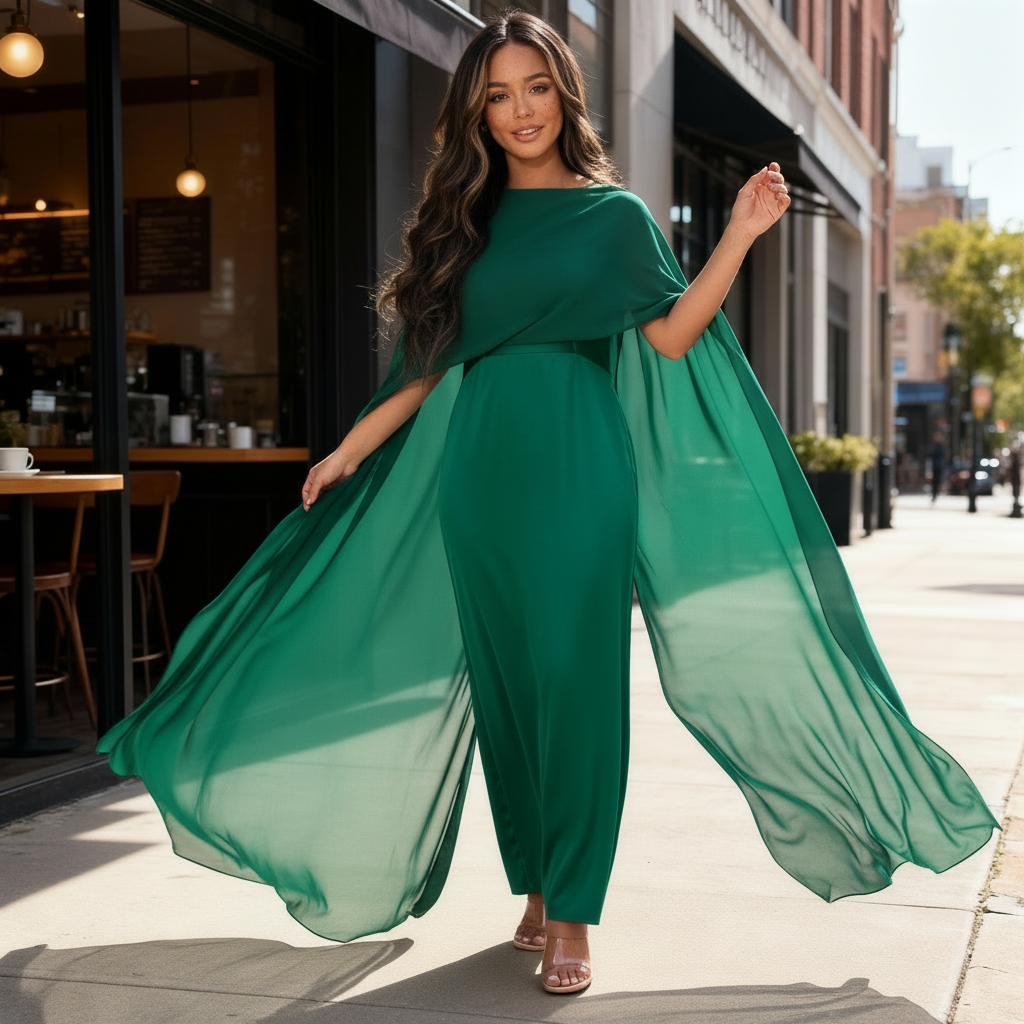 Women's Satin Cape Maxi Dress - Boat Neck and Flowing Overlay