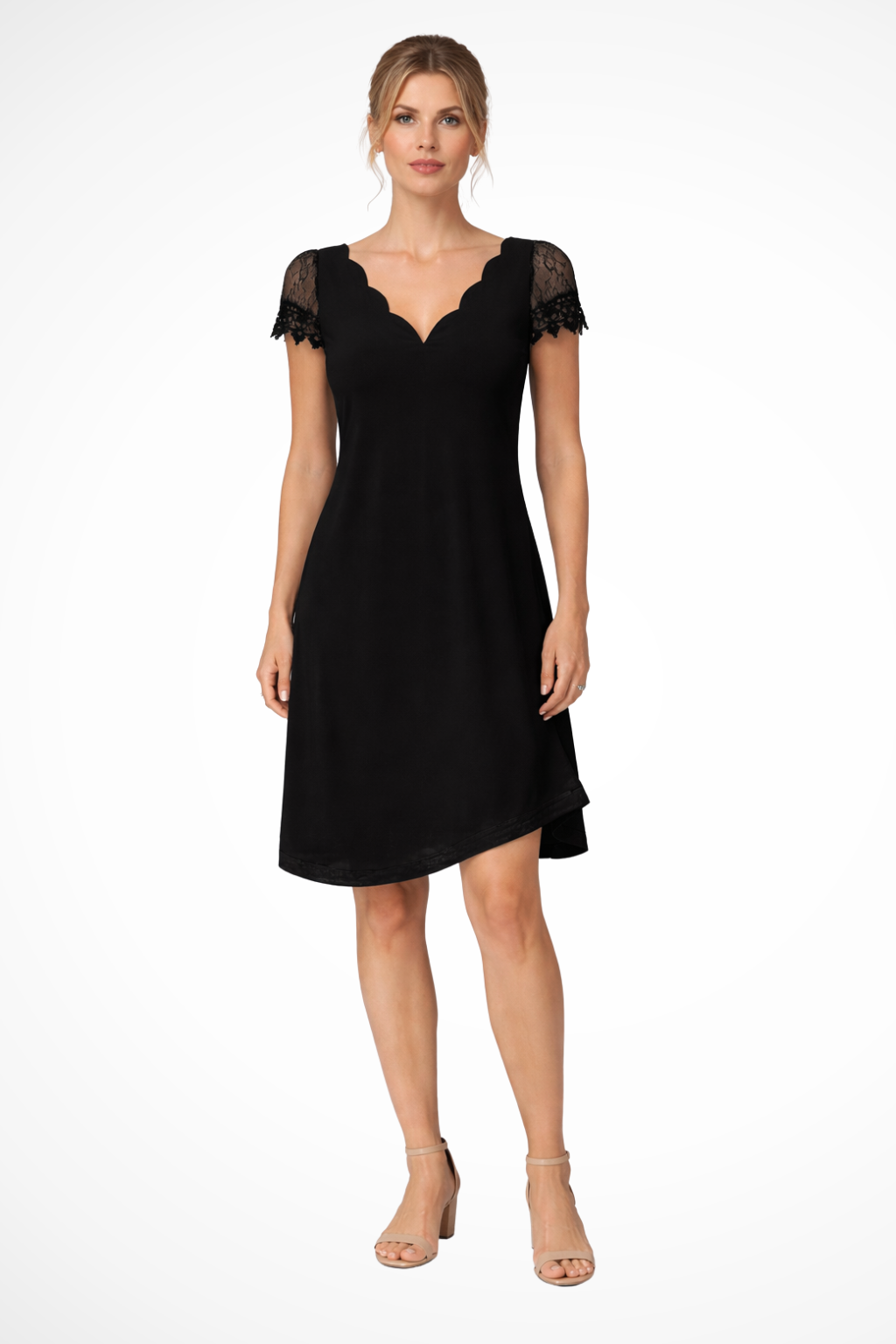Women's Scalloped V-Neck Mini Dress - Short Lace Sleeves and A-Line Silhouette