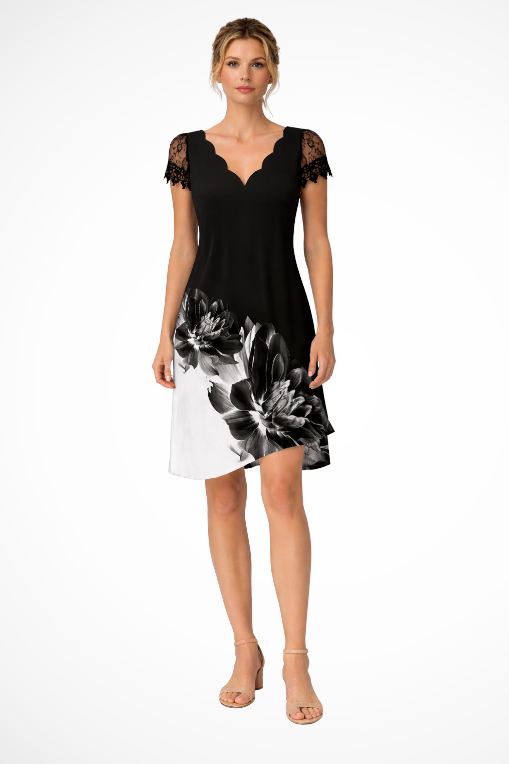 Women's Scalloped V-Neck Mini Dress - Short Lace Sleeves and A-Line Silhouette