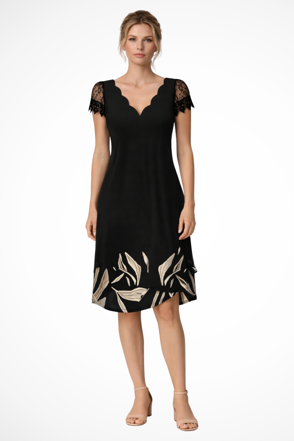Women's Scalloped V-Neck Mini Dress - Short Lace Sleeves and A-Line Silhouette