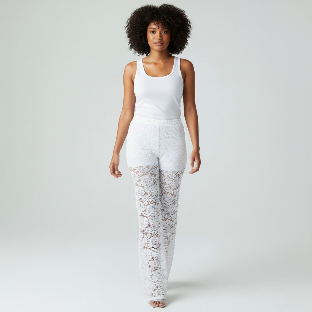 Women's Sheer Mid-Waist Lace Pants with Drawstring