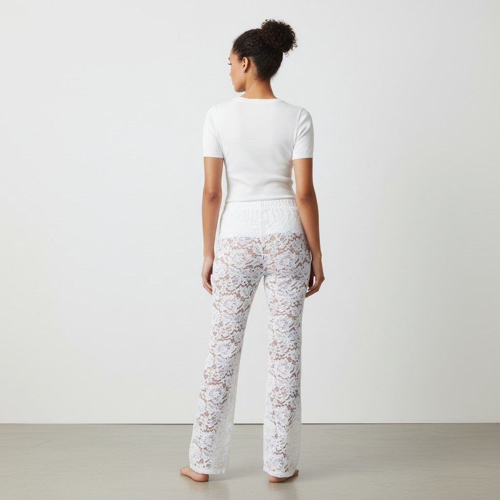Women's Sheer Mid-Waist Lace Pants with Drawstring