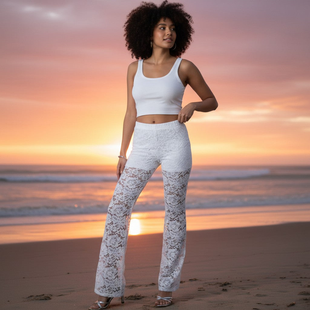 Women's Sheer Mid-Waist Lace Pants with Drawstring