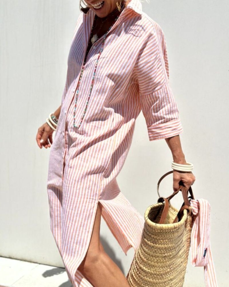 Women's Shirt Midi Dress Striped Button Front