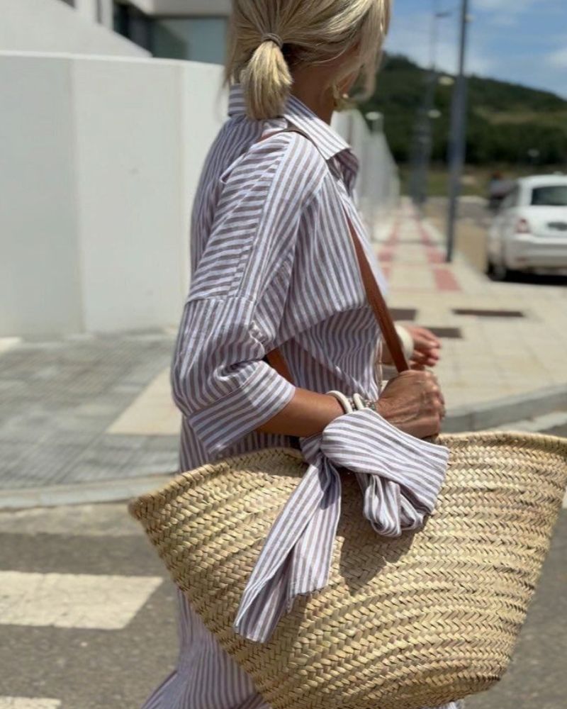 Women's Shirt Midi Dress Striped Button Front