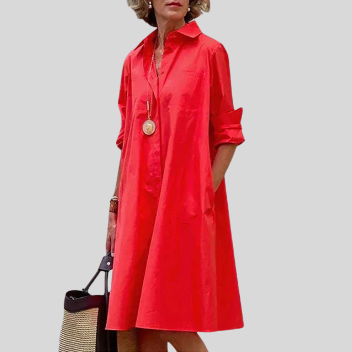 Women's Shirt Midi Dress Relaxed Long Sleeve Pockets